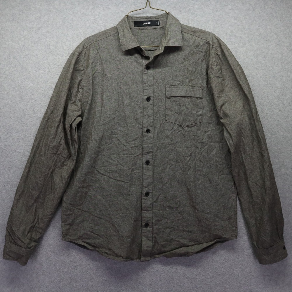 Comune Shirt Mens Medium Casual Pocket Button Up Cotton Olive Green Long Sleeve